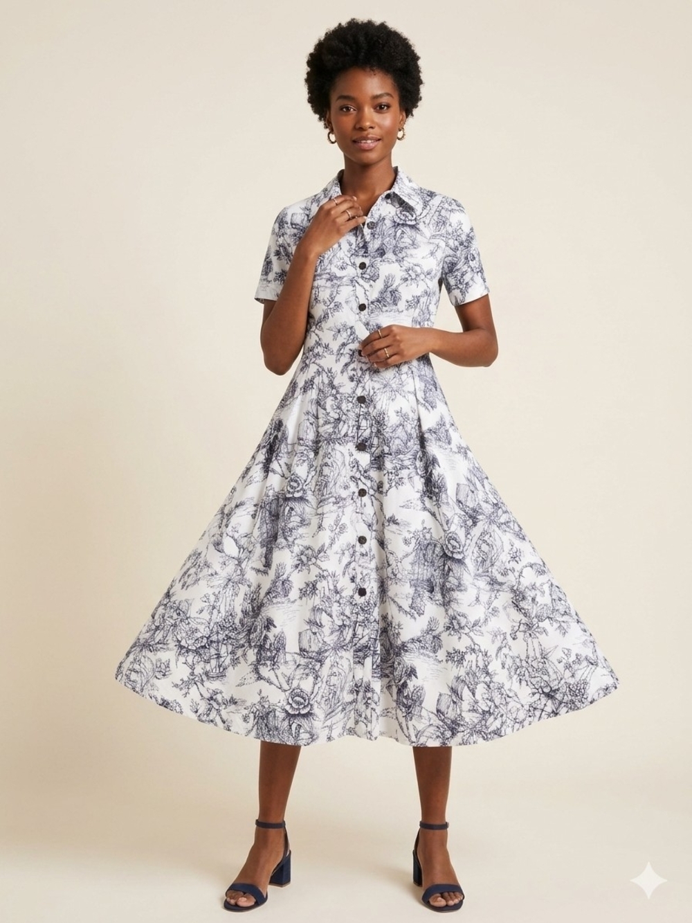 NWT Toile-Print Button-Front Midi Dress in White and Navy